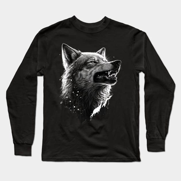 Wolf Black & White 0.1 Long Sleeve T-Shirt by Wayne's Business Art